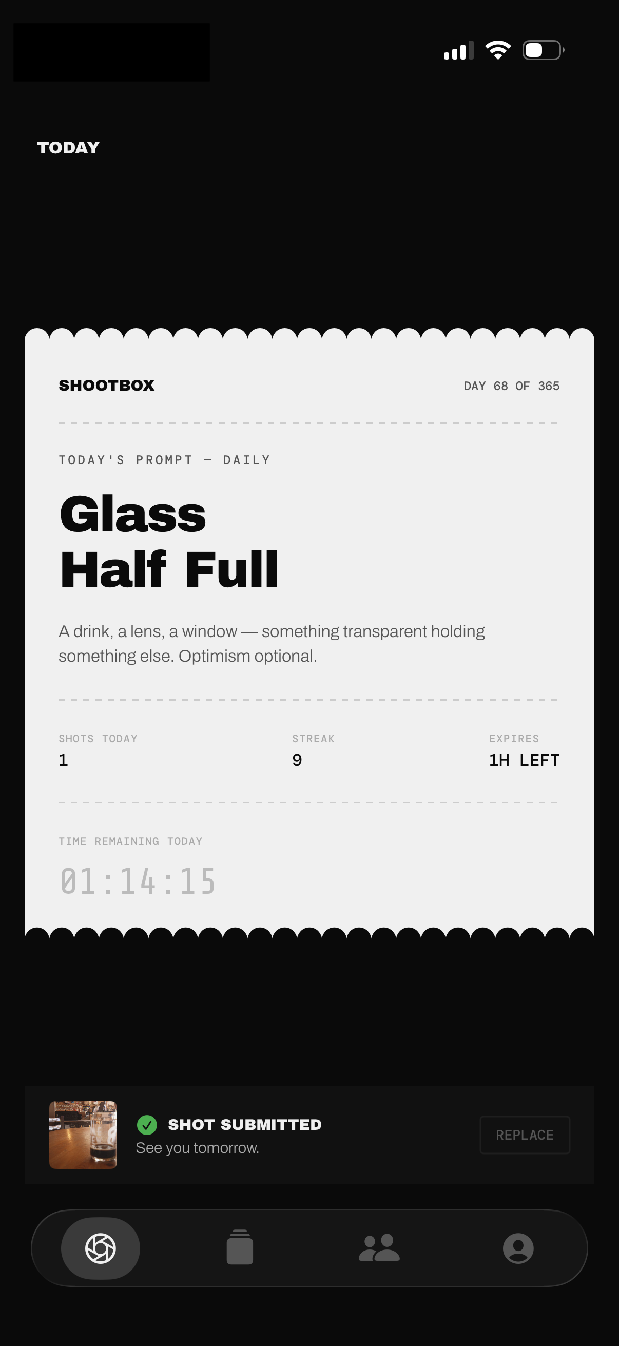 Shootbox showing the daily prompt card